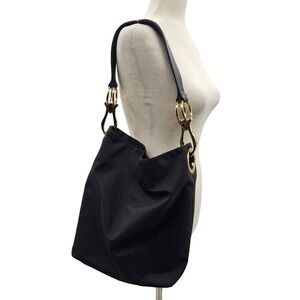 JPK Paris 75 Dark Brown Nylon‎ Gold Tone Ring Leather Handle Shoulder Bag Purse